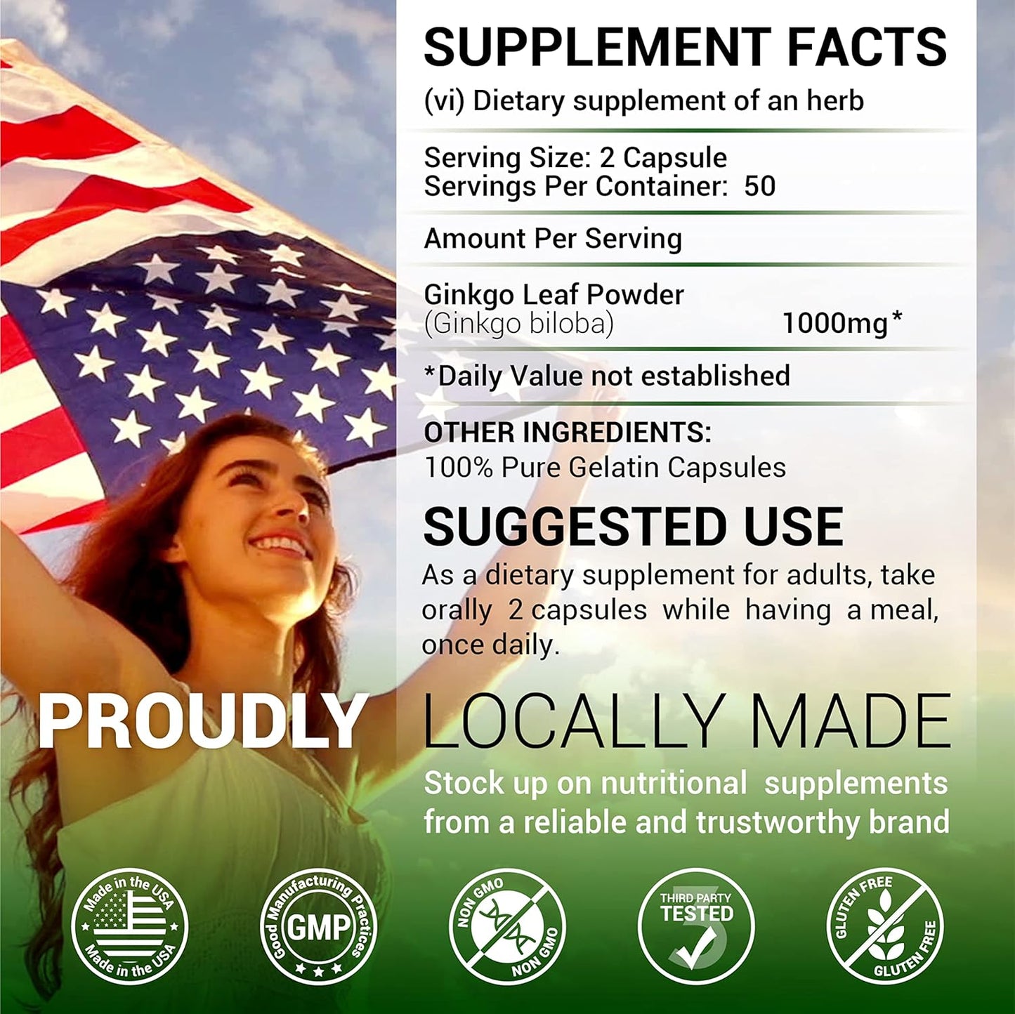 100 Herbalicious Ginkgo Biloba Capsules for Daily Mental Clarity, Focus, Memory, Stress Relief, Heart and Brain Health - Natural Nootropic Supplement for Men and Women