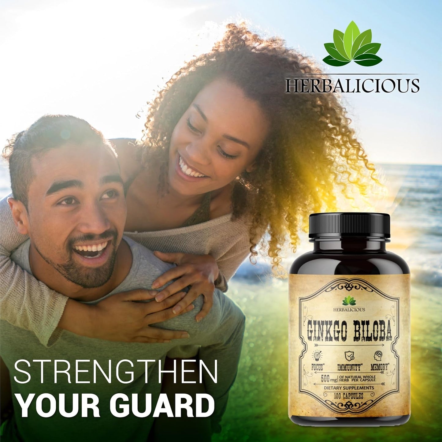 100 Herbalicious Ginkgo Biloba Capsules for Daily Mental Clarity, Focus, Memory, Stress Relief, Heart and Brain Health - Natural Nootropic Supplement for Men and Women