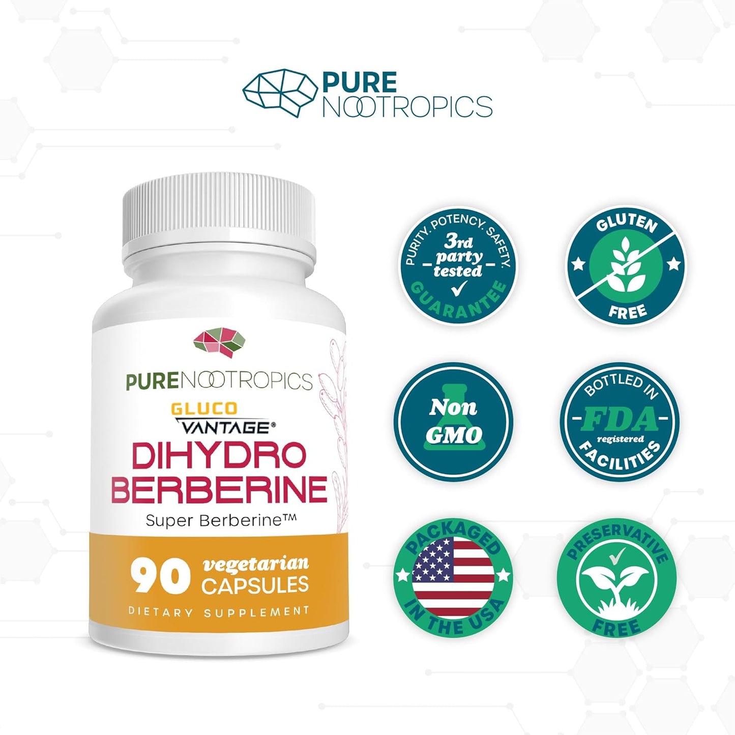 100 mg 90 Capsules Pure Dihydroberberine Supplement (GlucoVantage) for Enhanced Mental Clarity and Focus