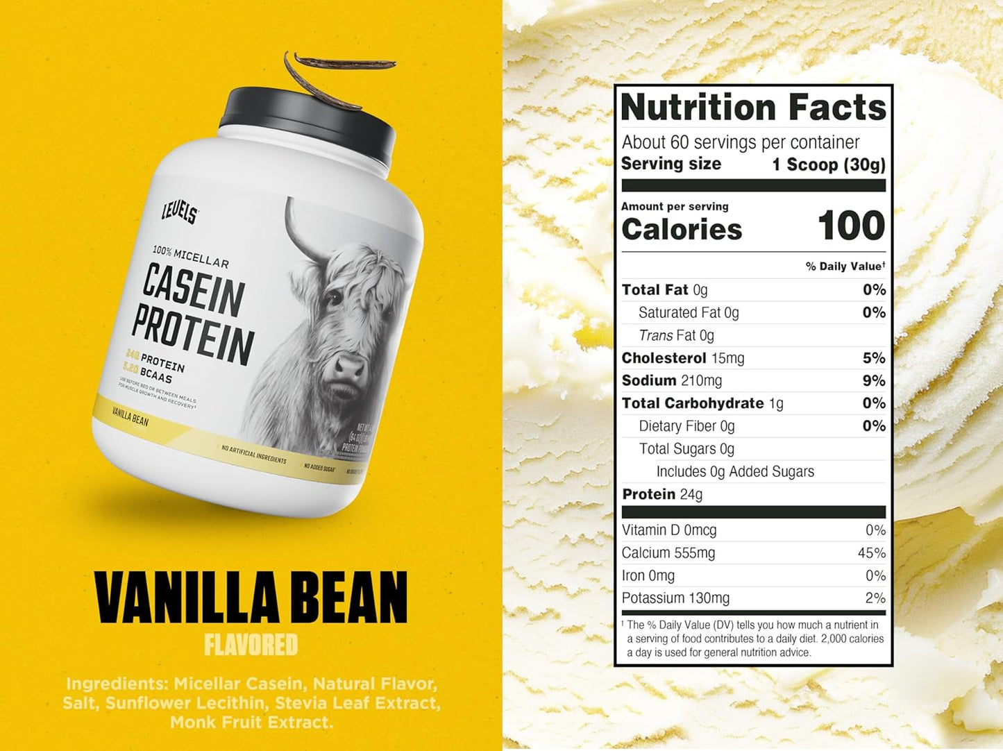 100% Micellar Casein Protein Powder - Vanilla Bean Flavor - 4LB - Hormone Free - Levels Nutrition