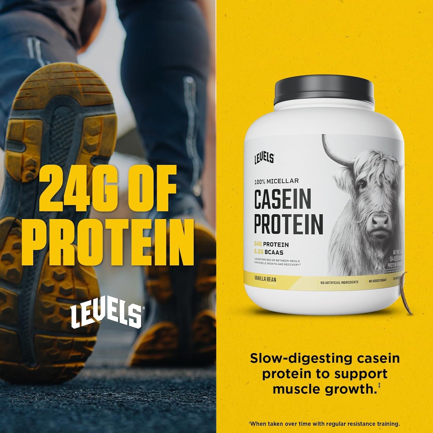 100% Micellar Casein Protein Powder - Vanilla Bean Flavor - 4LB - Hormone Free - Levels Nutrition