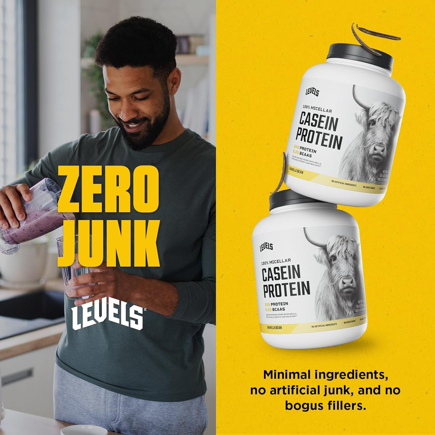 100% Micellar Casein Protein Powder - Vanilla Bean Flavor - 4LB - Hormone Free - Levels Nutrition