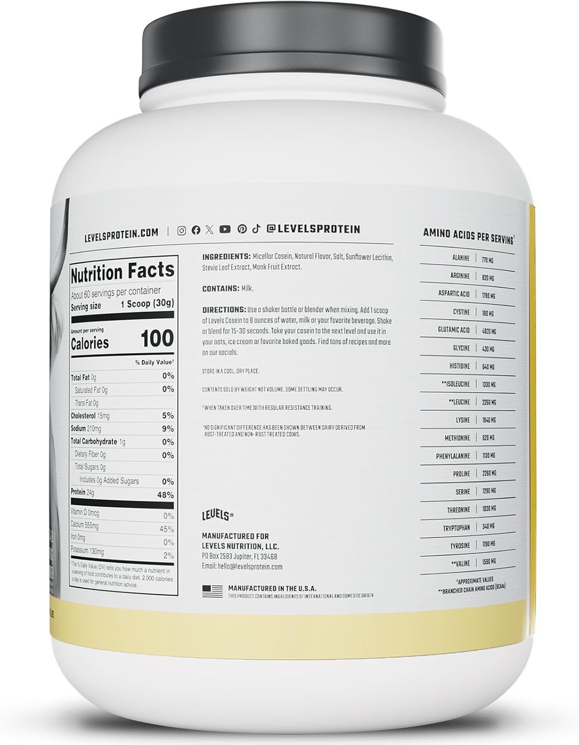 100% Micellar Casein Protein Powder - Vanilla Bean Flavor - 4LB - Hormone Free - Levels Nutrition