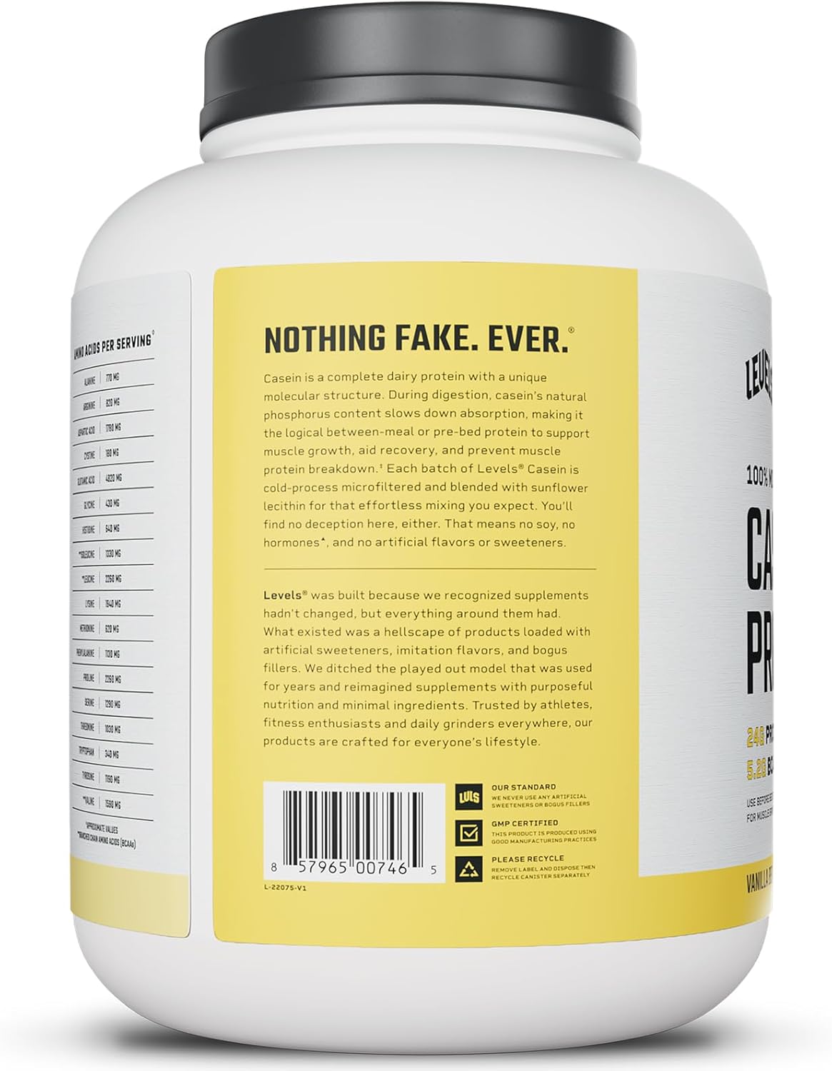 100% Micellar Casein Protein Powder - Vanilla Bean Flavor - 4LB - Hormone Free - Levels Nutrition