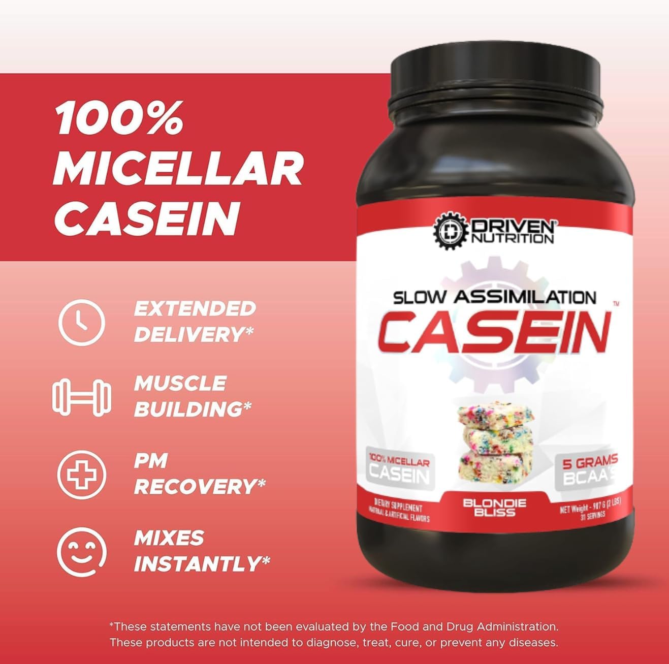 100% Micellar Casein Protein Powder with BCAA and Digestive Enzymes for Nighttime Muscle Recovery - Driven Nutrition Casein (Blondie Bliss)