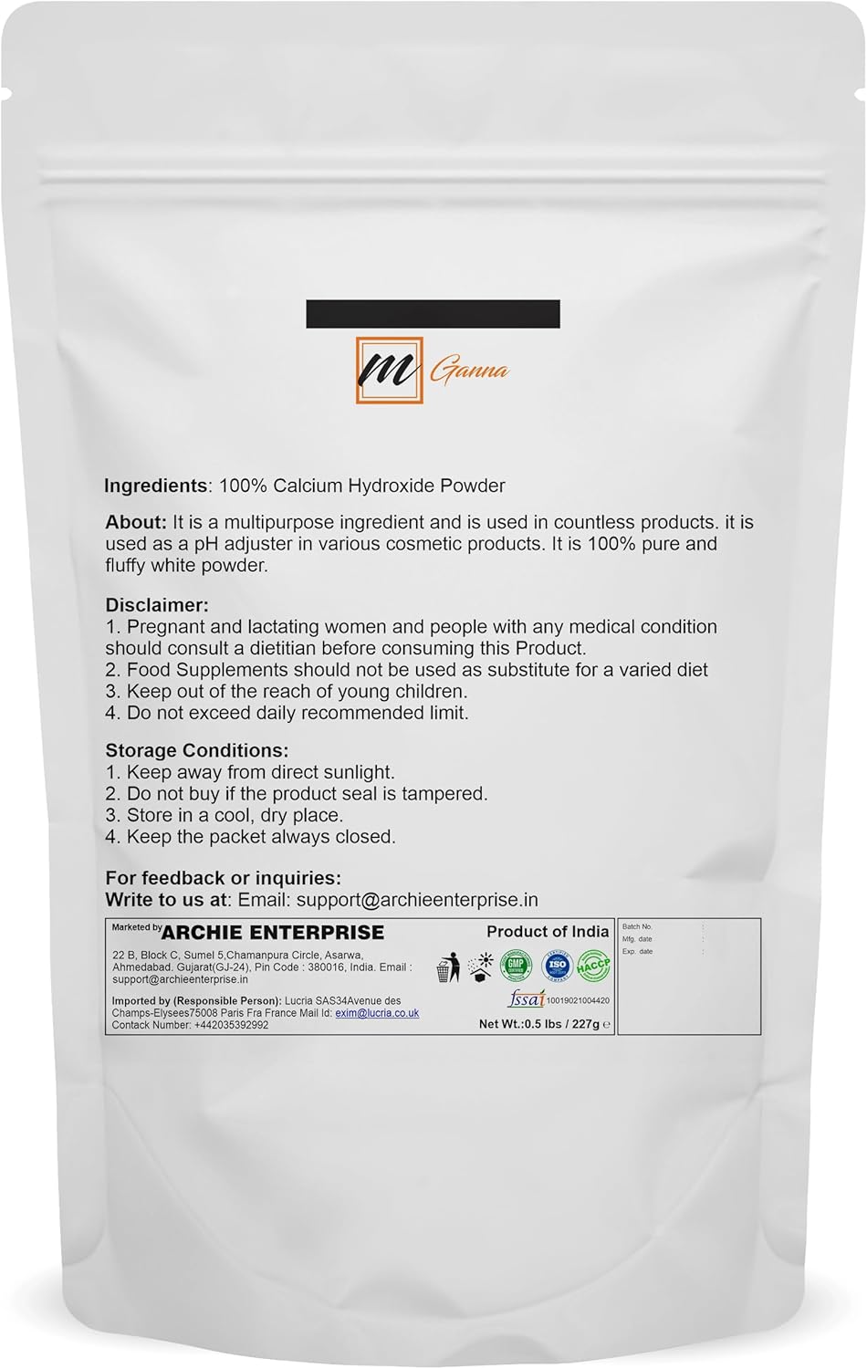 100% Natural Calcium Hydroxide Powder for Food & Cosmetics - 227g / 0.5lbs