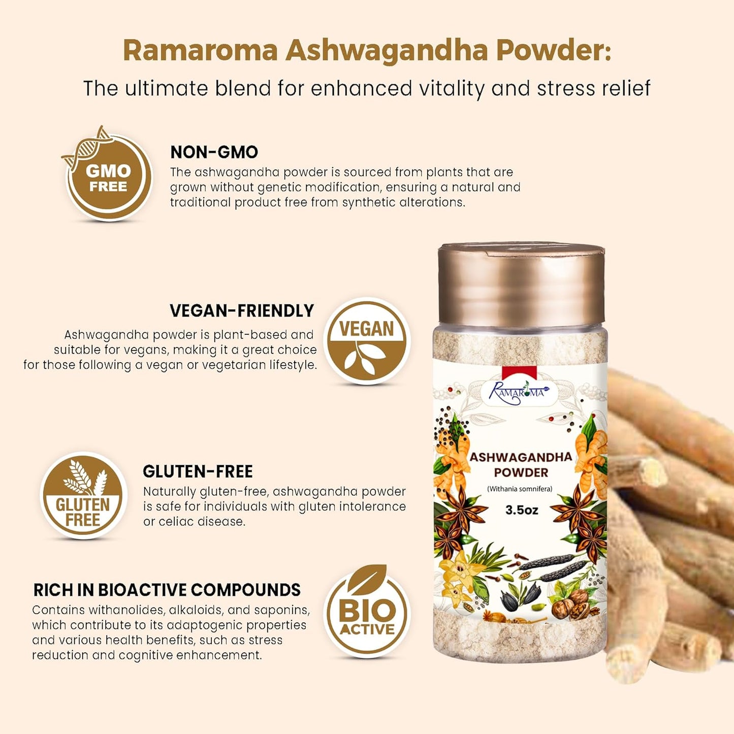 100% Natural Organic Ashwagandha Powder - Vegan, Gluten-Free, Kosher, Non-GMO, Uplift Mood - Herbal Supplement - 8oz