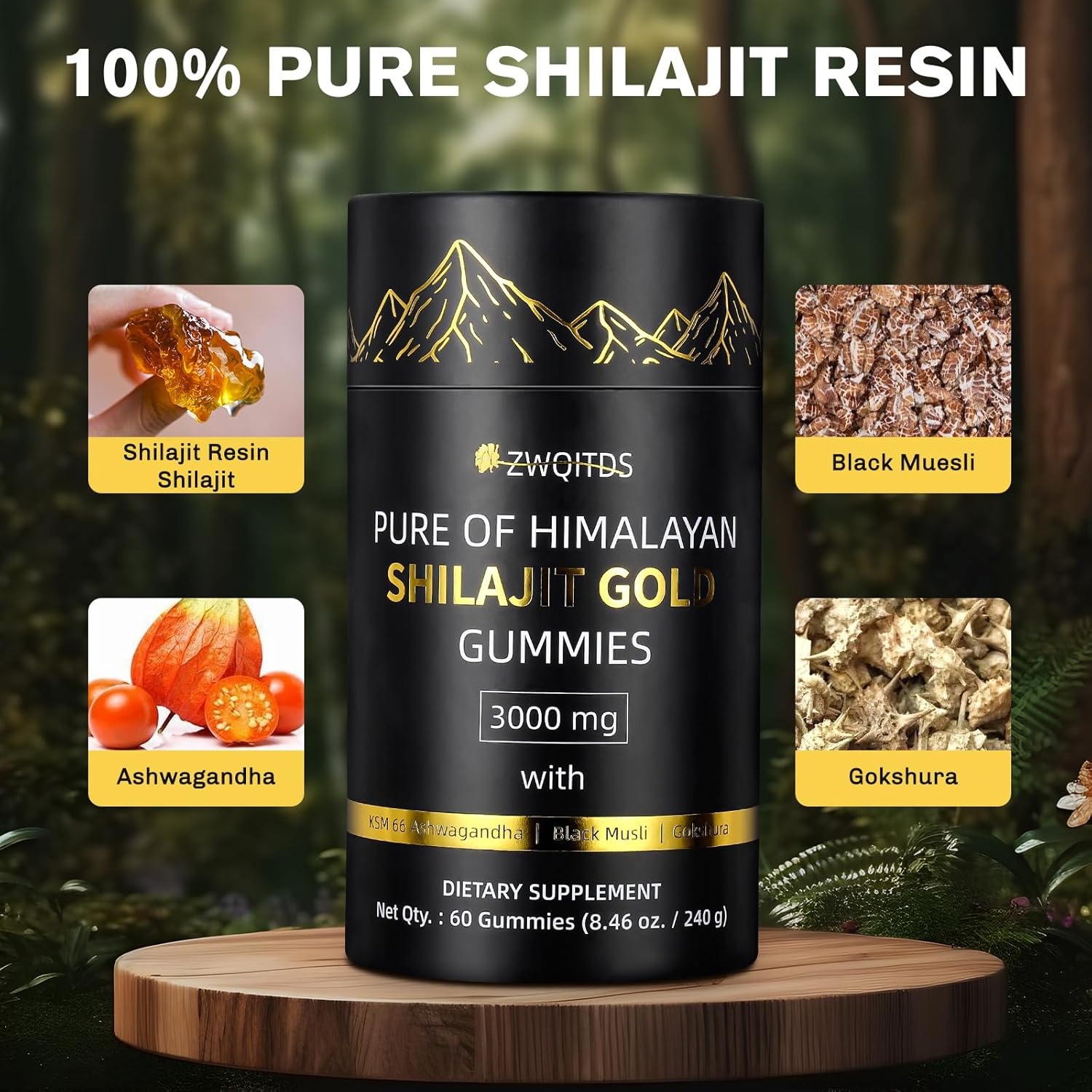 100% Natural Organic Himalayan Shilajit Gold Gummies with Fulvic Acid - Boost Energy & Immune Health - 60 Sugar-Free Non-GMO Gummies for Men and Women