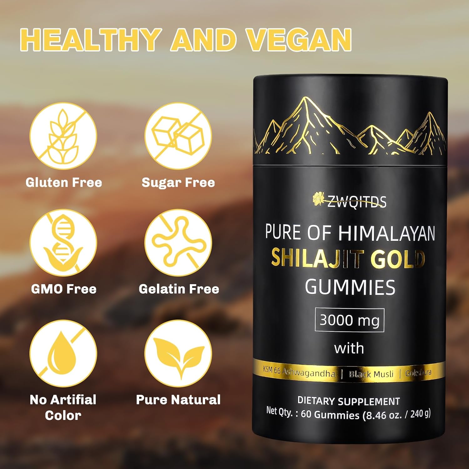 100% Natural Organic Himalayan Shilajit Gold Gummies with Fulvic Acid - Boost Energy & Immune Health - 60 Sugar-Free Non-GMO Gummies for Men and Women