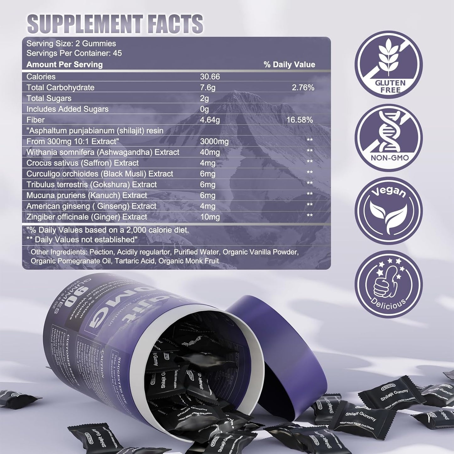 100% Natural & Organic Pure Himalayan Shilajit Gummies - 85+ Trace Minerals & Fulvic Acid - 180 Count - Men & Women - Individually Packaged