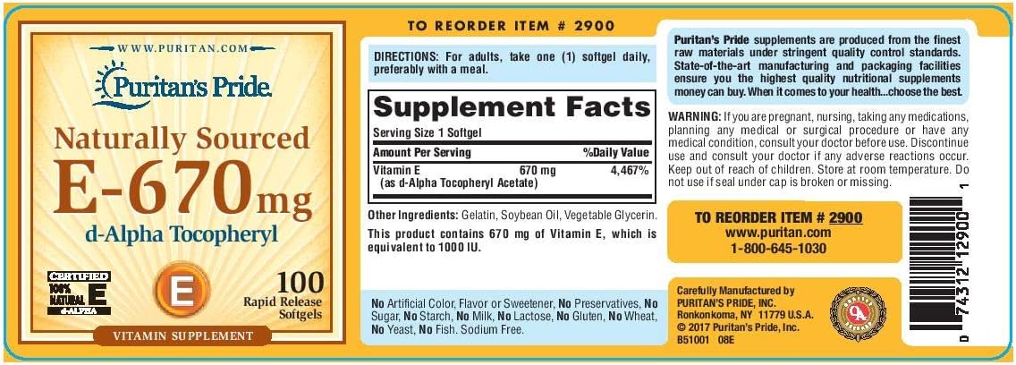 100% Natural Puritan's Pride Vitamin E-670 mg Softgels - 100 Count