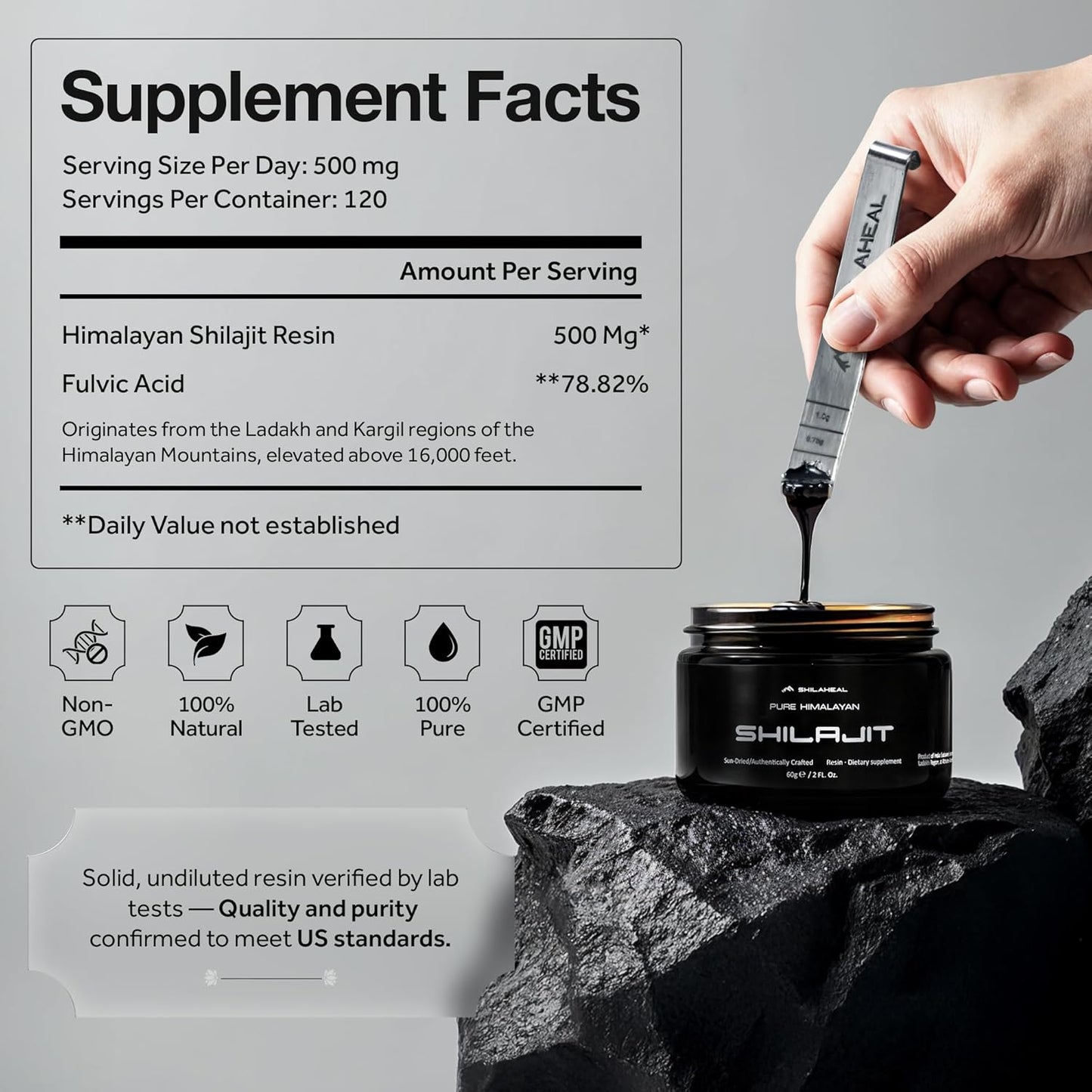 100% Natural SHILAHEAL Shilajit Resin from Ladakh, Himalayas 60g - Energy Boost & Immune Support - Men & Women - 4-Month Supply