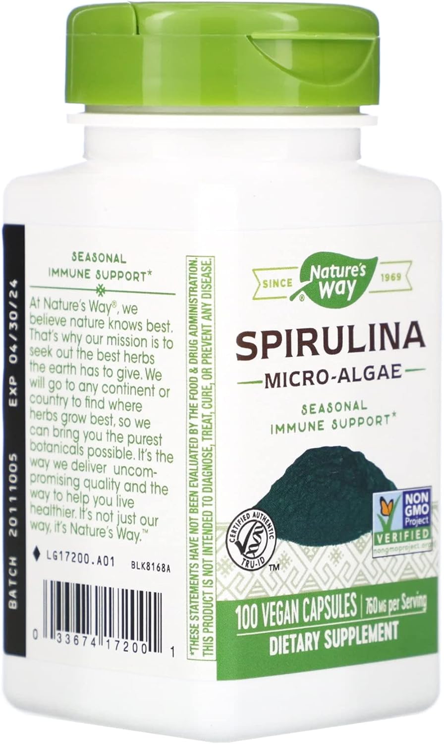 100 Nature's Way Spirulina Micro-Algae Capsules - 380 mg Vegan Supplement