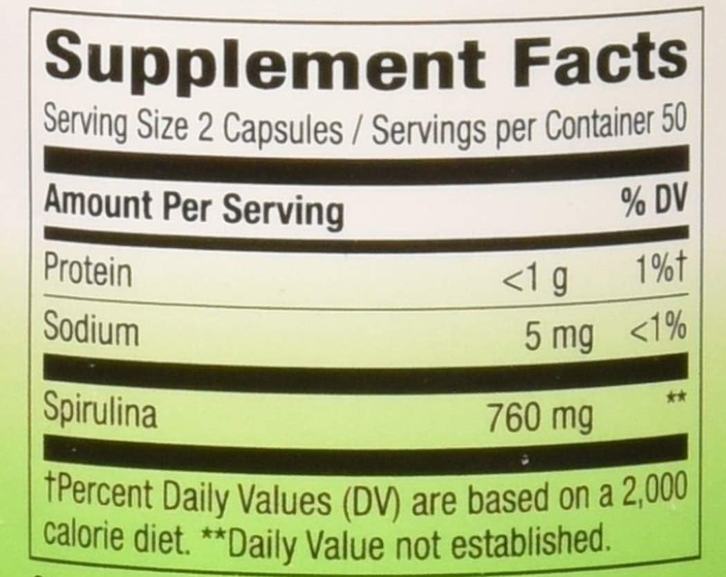 100 Nature's Way Spirulina Micro-Algae Capsules - 380 mg Vegan Supplement