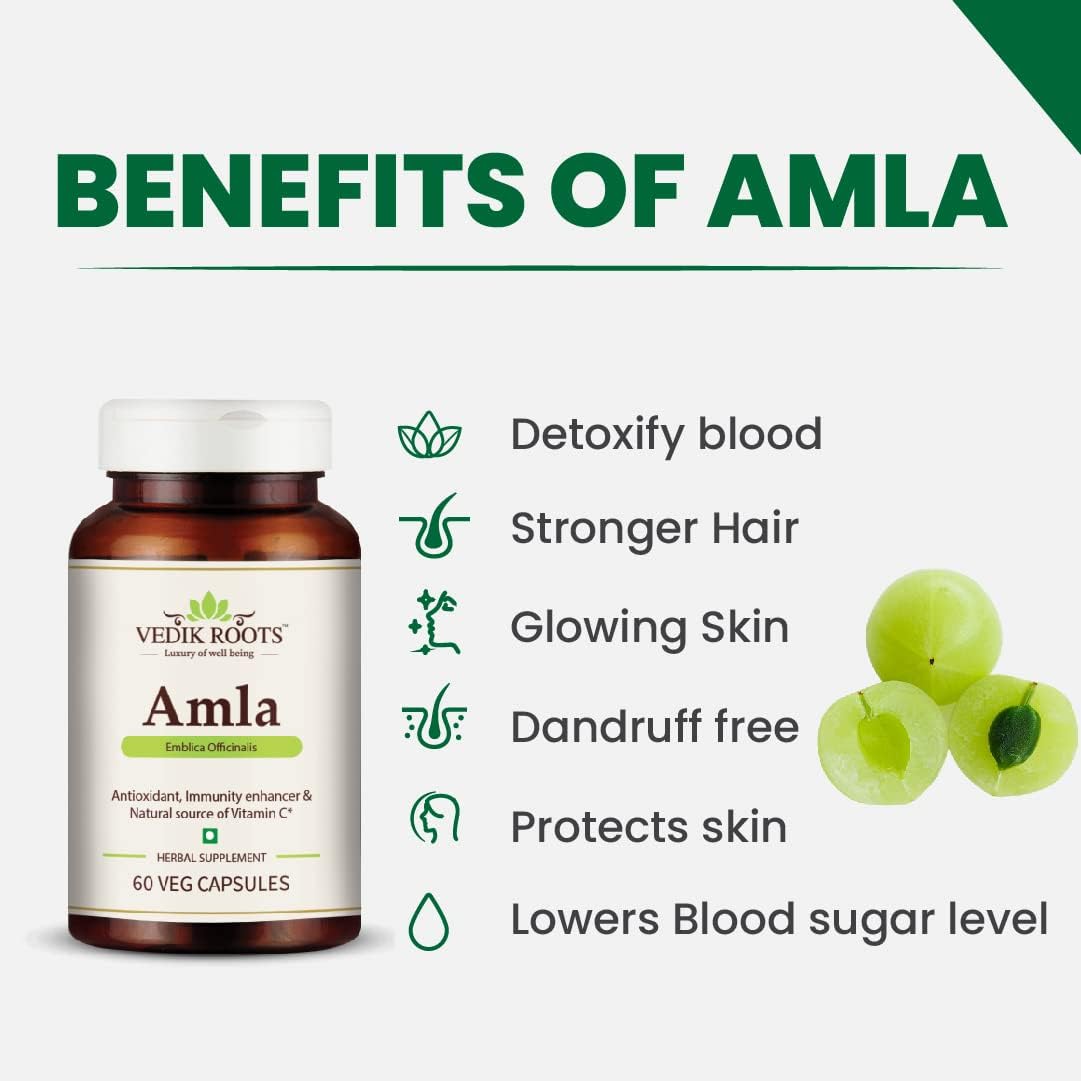 100% Organic Amla Capsules for Immunity Boost - Natural Vitamin C Source - Herbal Supplements (60 Capsules)