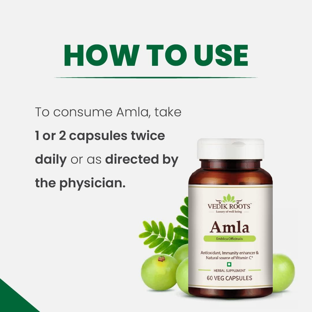 100% Organic Amla Capsules for Immunity Boost - Natural Vitamin C Source - Herbal Supplements (60 Capsules)