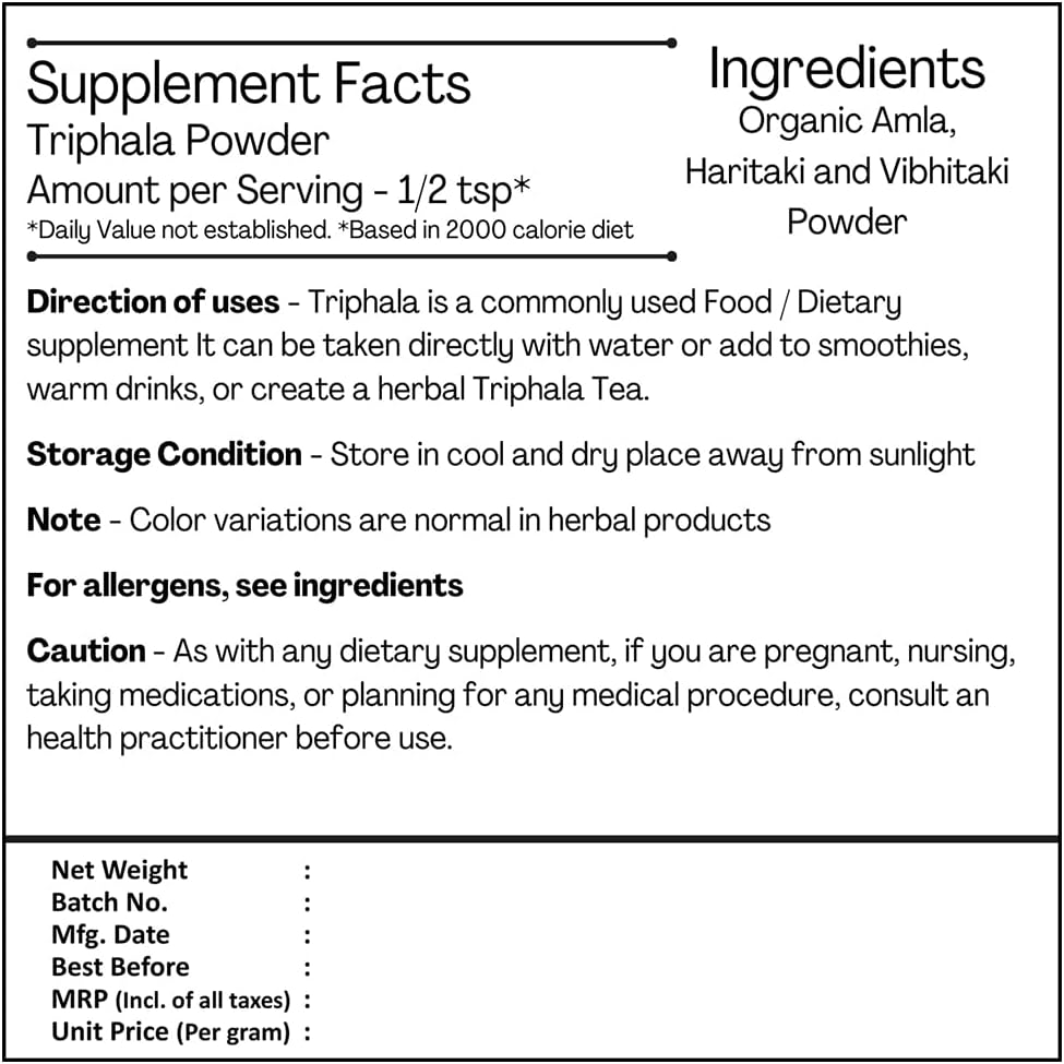 100% Organic Triphala Powder 227g | Supports Immunity & Digestion | Natural Antioxidant | Certified Organic by OneCert Asia