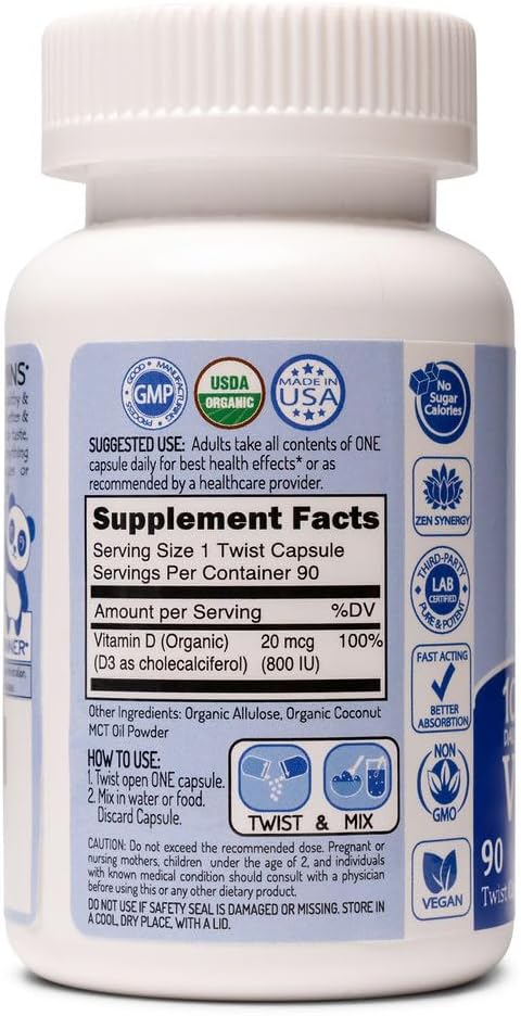 100% Organic Vitamin D3 Supplement for Strong Bones & Healthy Immunity | Twist & Mix Design | GMO Gluten Vegan | Adults & Kids 4+ | 90 Servings