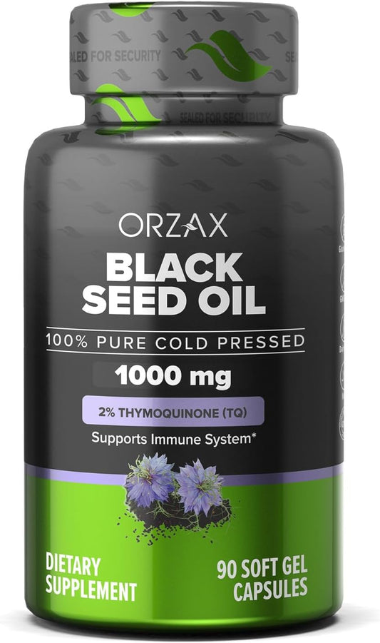 100% Pure Cold Pressed Black Seed Oil Softgel Capsules - Non-GMO Immune Support Supplement with Omega 3 6 9 & Thymoquinone for Hair, Skin, Face - 1000mg (90 Count)