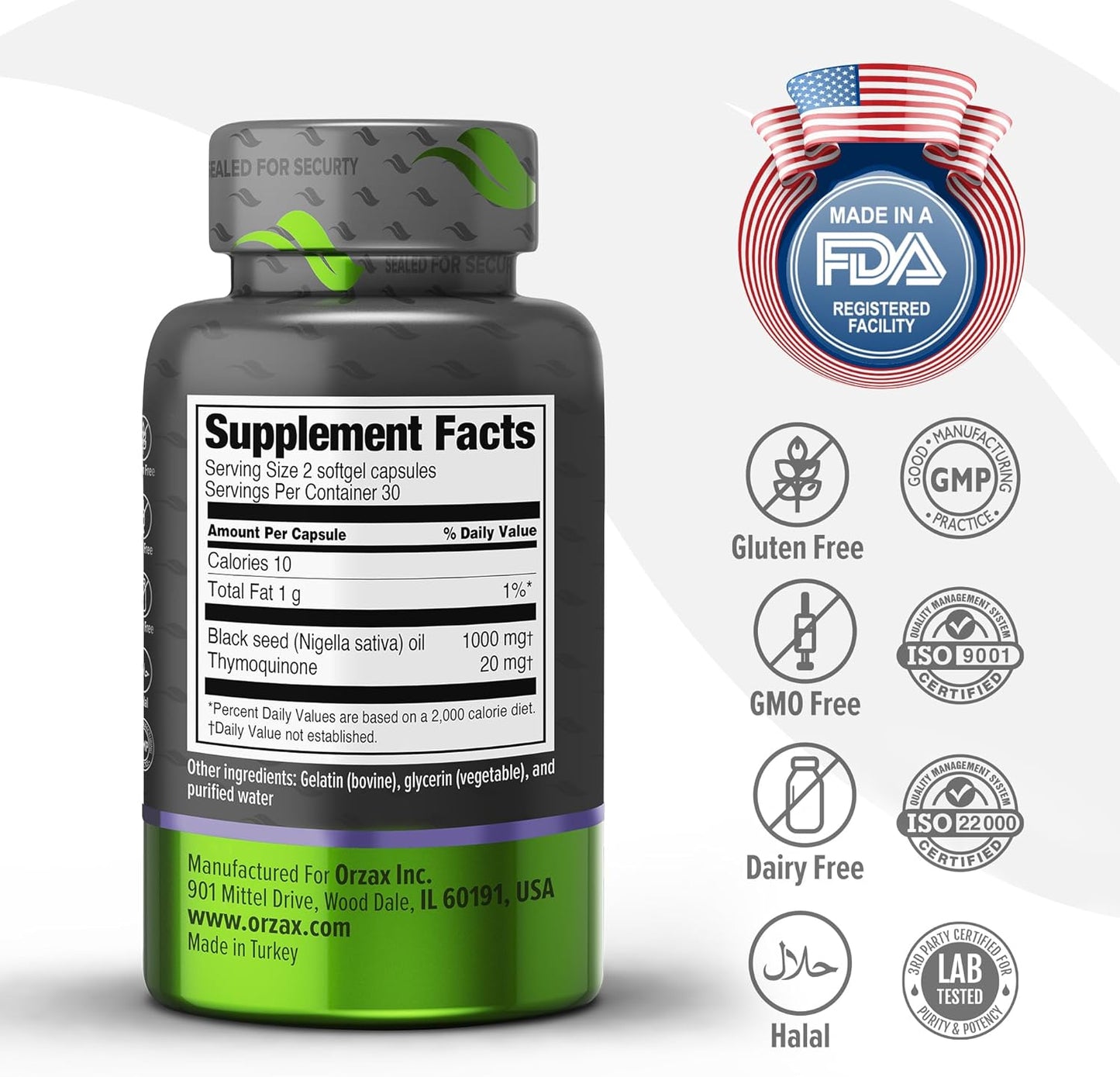 100% Pure Cold Pressed Black Seed Oil Softgel Capsules - Rich in Omega 3 6 9 & Thymoquinone for Immune Support, Hair, Skin - Non-GMO Nigella Sativa Supplement (500 mg - 60 Capsules)