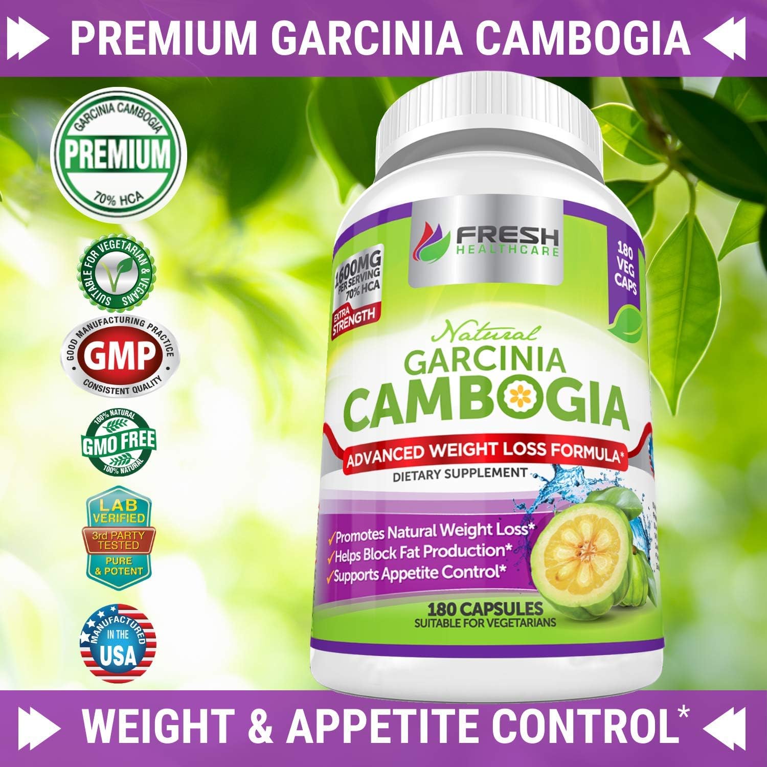100% Pure Garcinia Cambogia Extract for Weight Management - All Natural Appetite Suppressant - 180 Capsules by FRESH HEALTHCARE