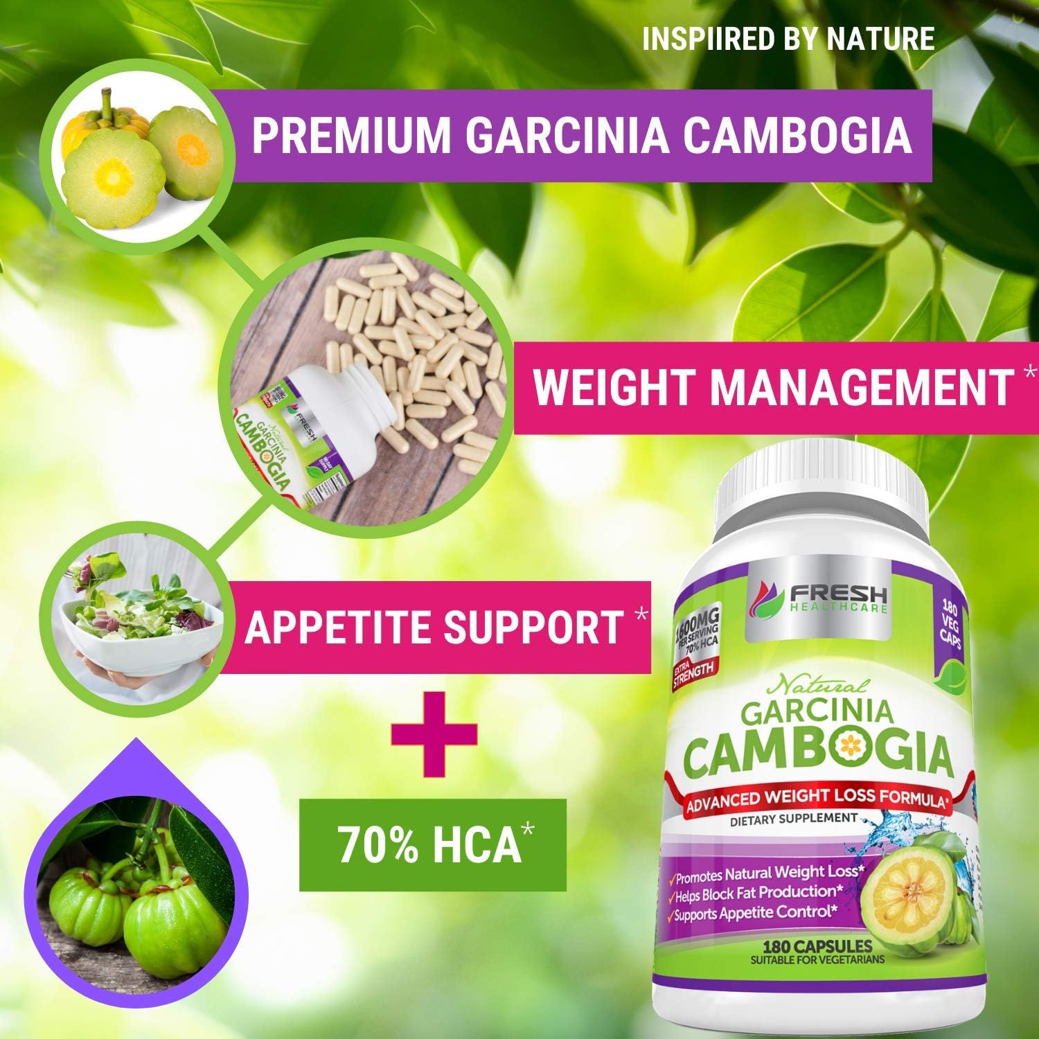 100% Pure Garcinia Cambogia Extract for Weight Management - All Natural Appetite Suppressant - 180 Capsules by FRESH HEALTHCARE
