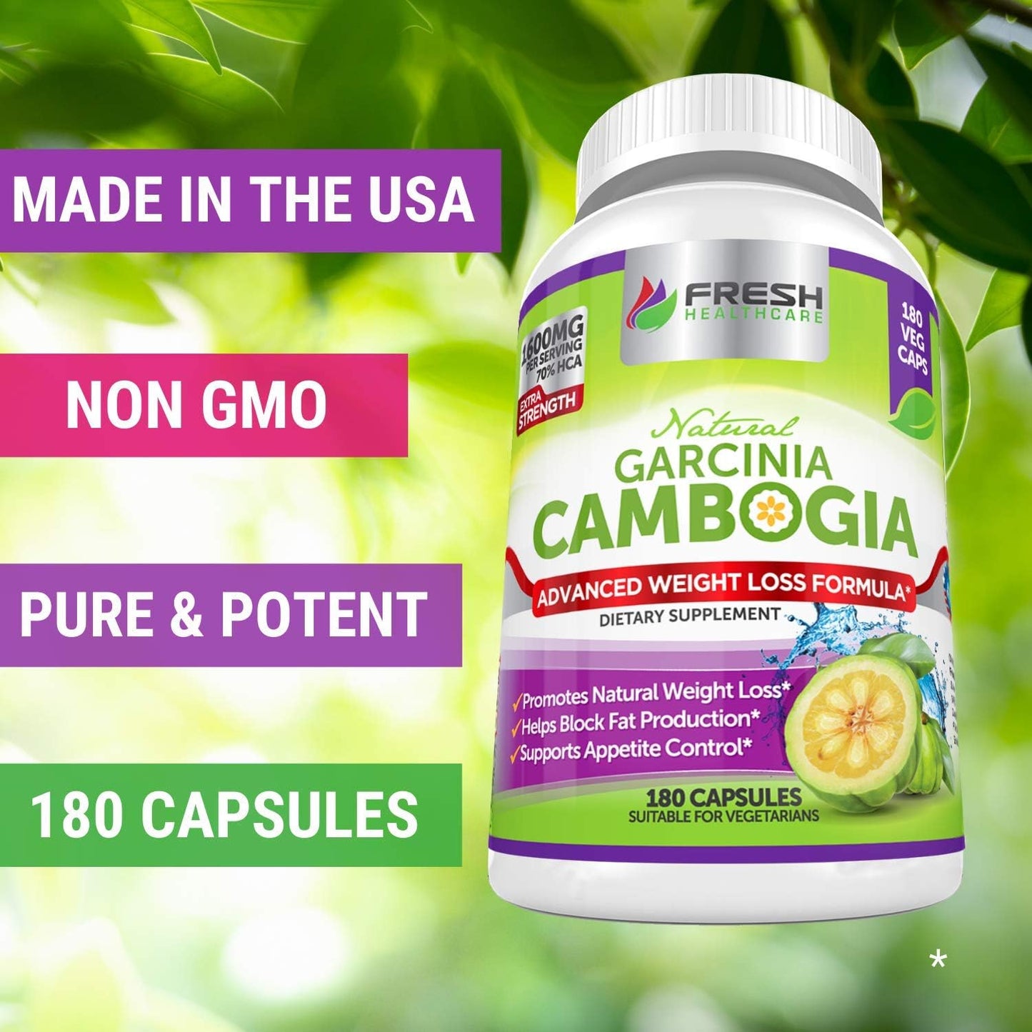 100% Pure Garcinia Cambogia Extract for Weight Management - All Natural Appetite Suppressant - 180 Capsules by FRESH HEALTHCARE