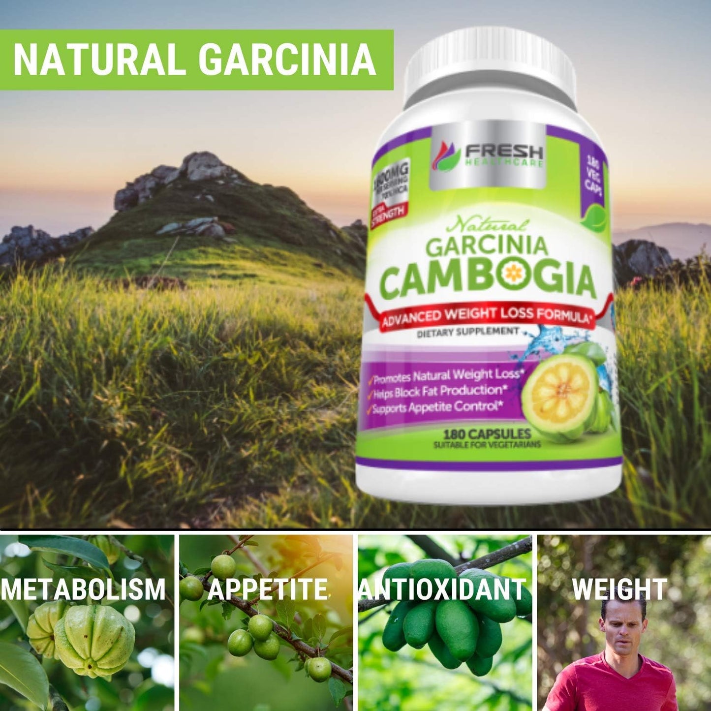 100% Pure Garcinia Cambogia Extract for Weight Management - All Natural Appetite Suppressant - 180 Capsules by FRESH HEALTHCARE