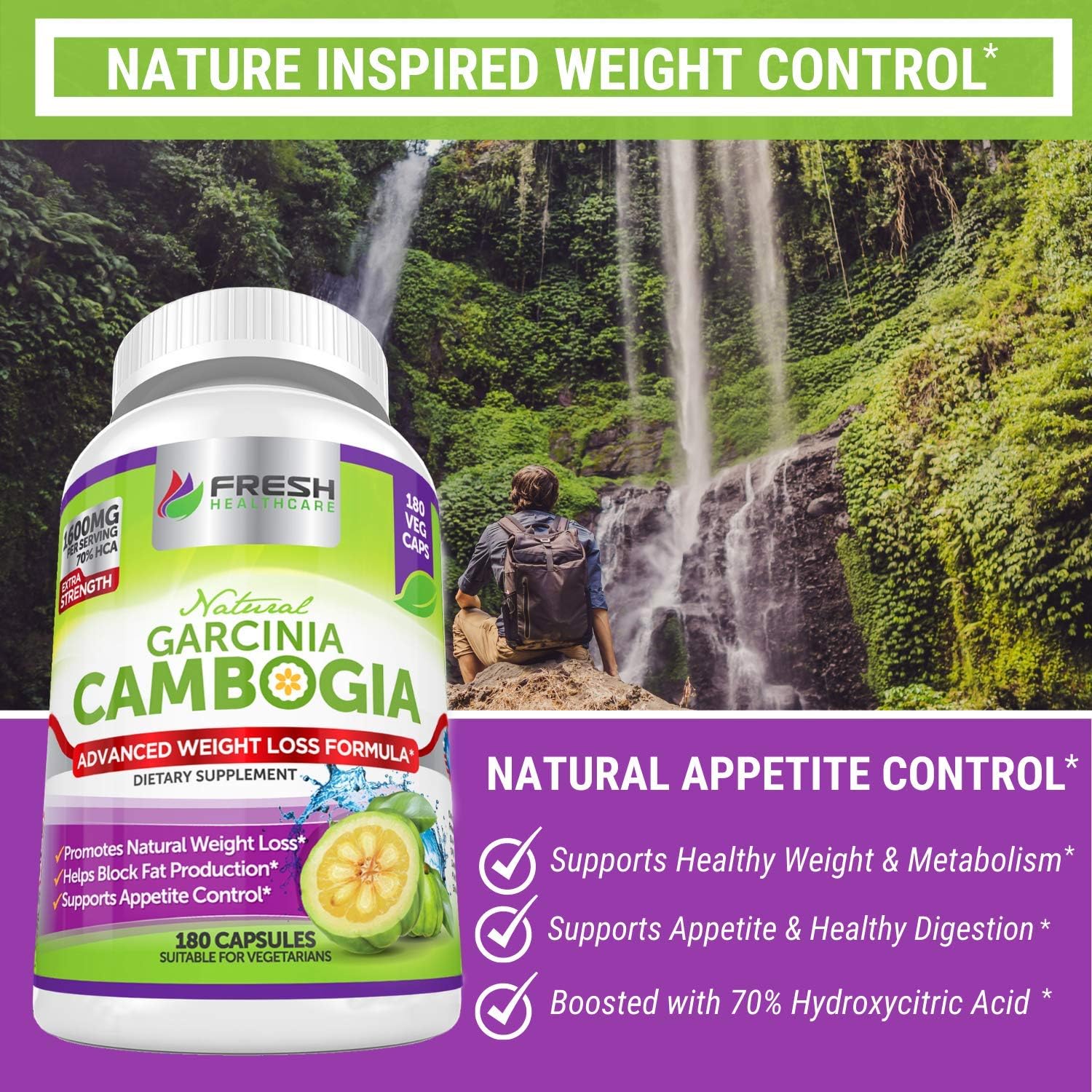 100% Pure Garcinia Cambogia Extract for Weight Management - All Natural Appetite Suppressant - 180 Capsules by FRESH HEALTHCARE