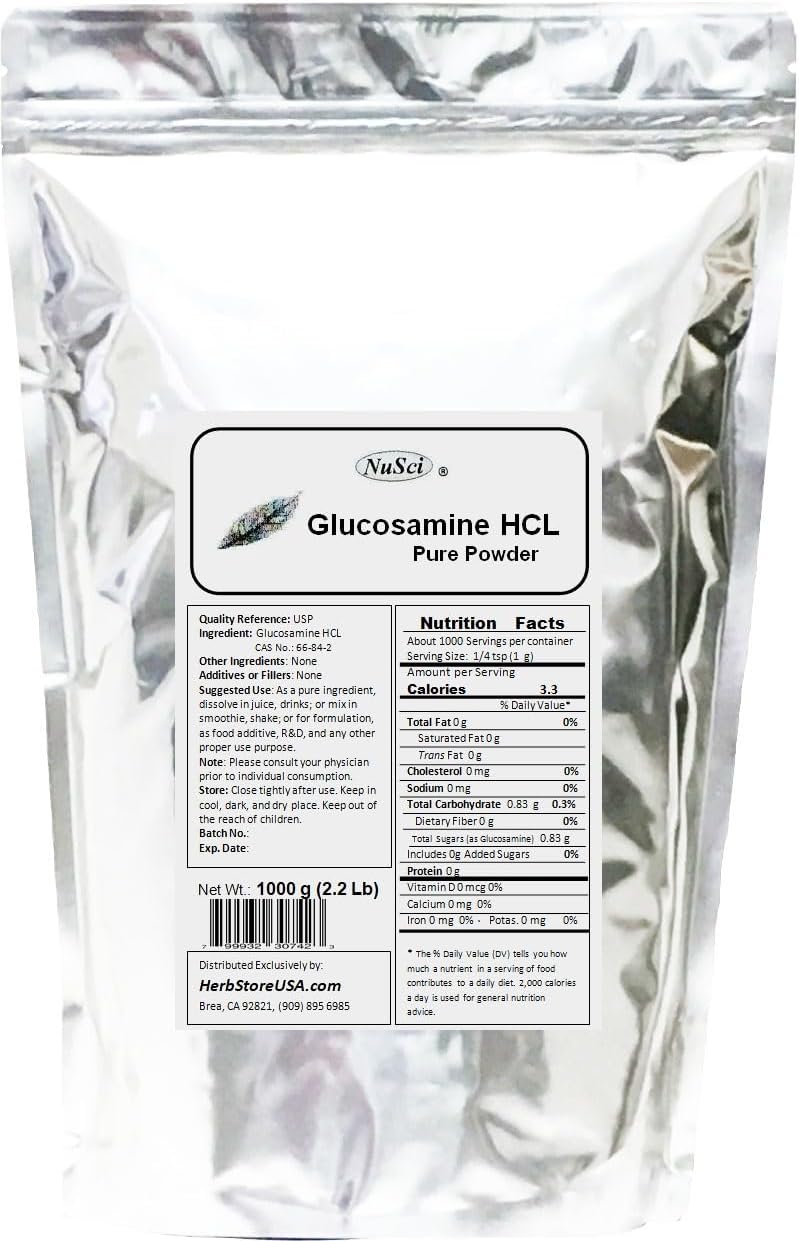 100% Pure Glucosamine HCl Powder - 1000g (2.2 lb) for Joint Health by NuSci