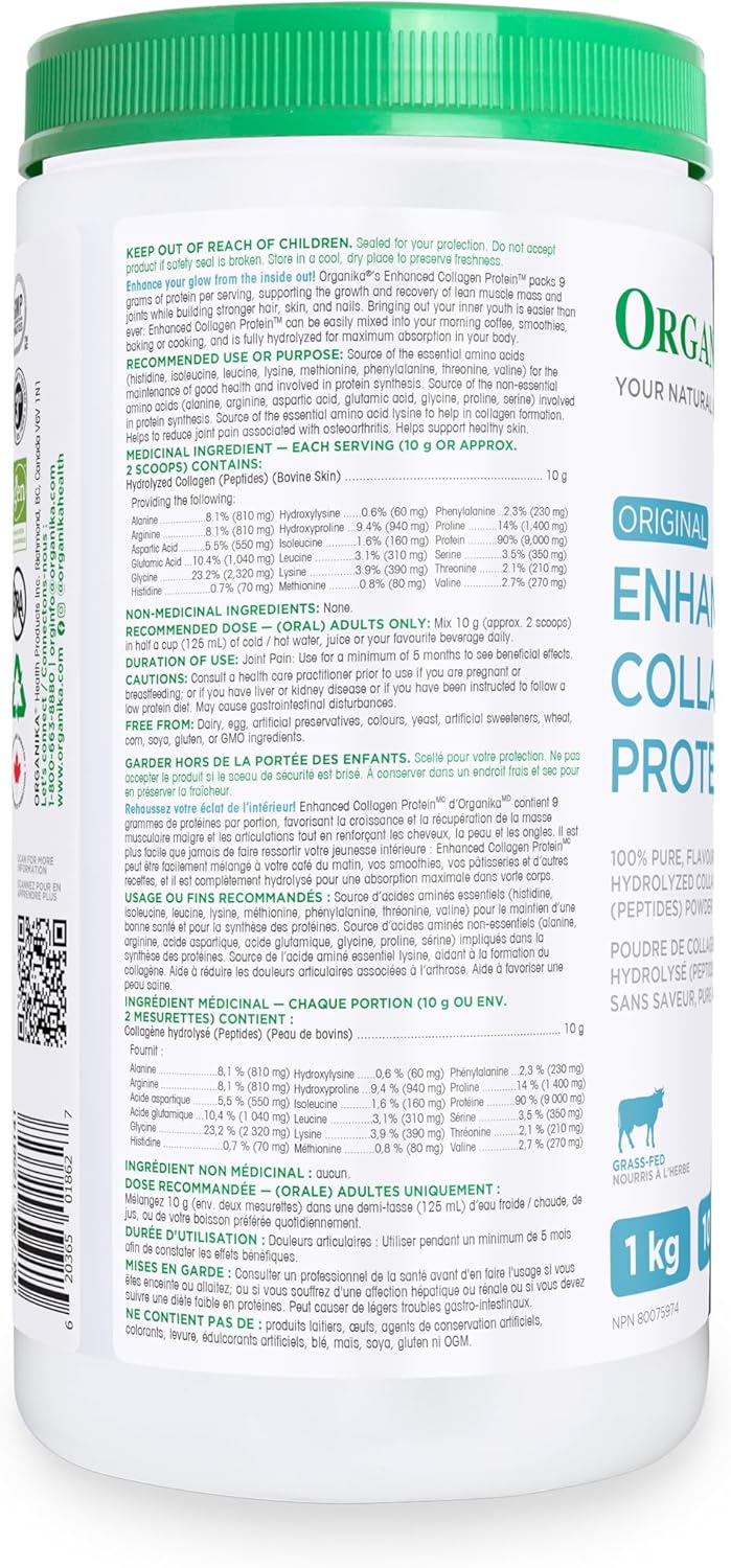 100% Pure Hydrolyzed Collagen Peptides Powder, 1kg - Unflavored Original Enhanced Formula by Organika
