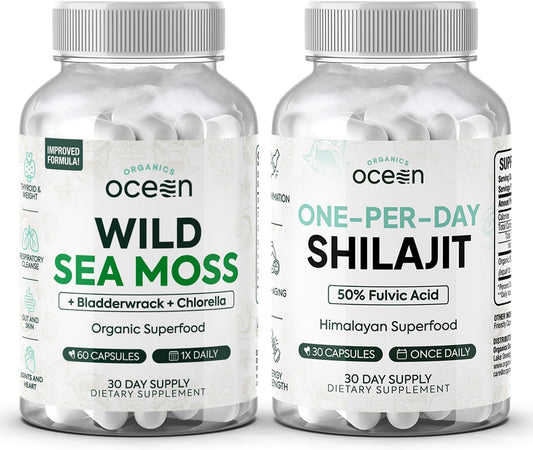 100% Pure Irish Sea Moss & Shilajit Capsules for Thyroid Support - Organic Ocean Wild Sea Moss & One-a-Day Shilajit for Men and Women