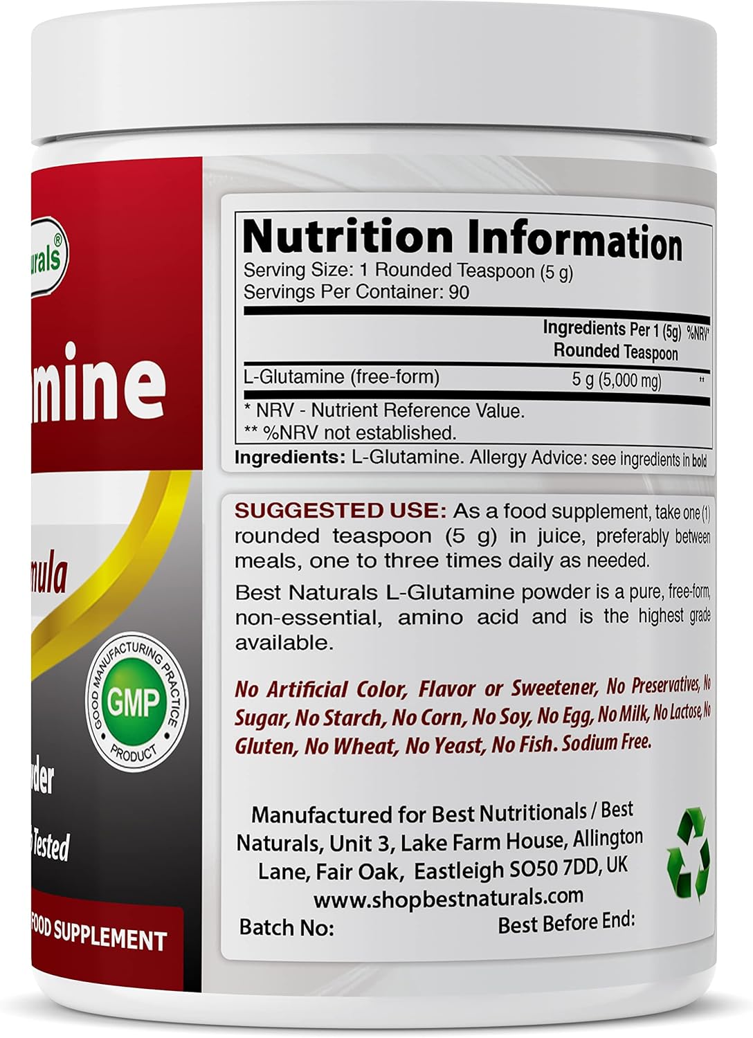 100% Pure L-Glutamine Powder - 1 Pound - Free Form Recovery Aid for Men and Women - Clinically Proven Recovery Powder