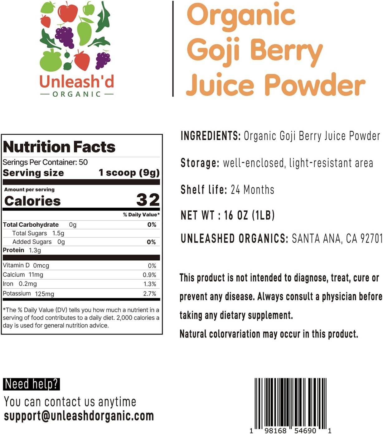 100% Pure Organic Goji Berry Juice Powder - 16 oz - Antioxidant & Multivitamin Rich - Immune Boost - Eye & Skin Health Support