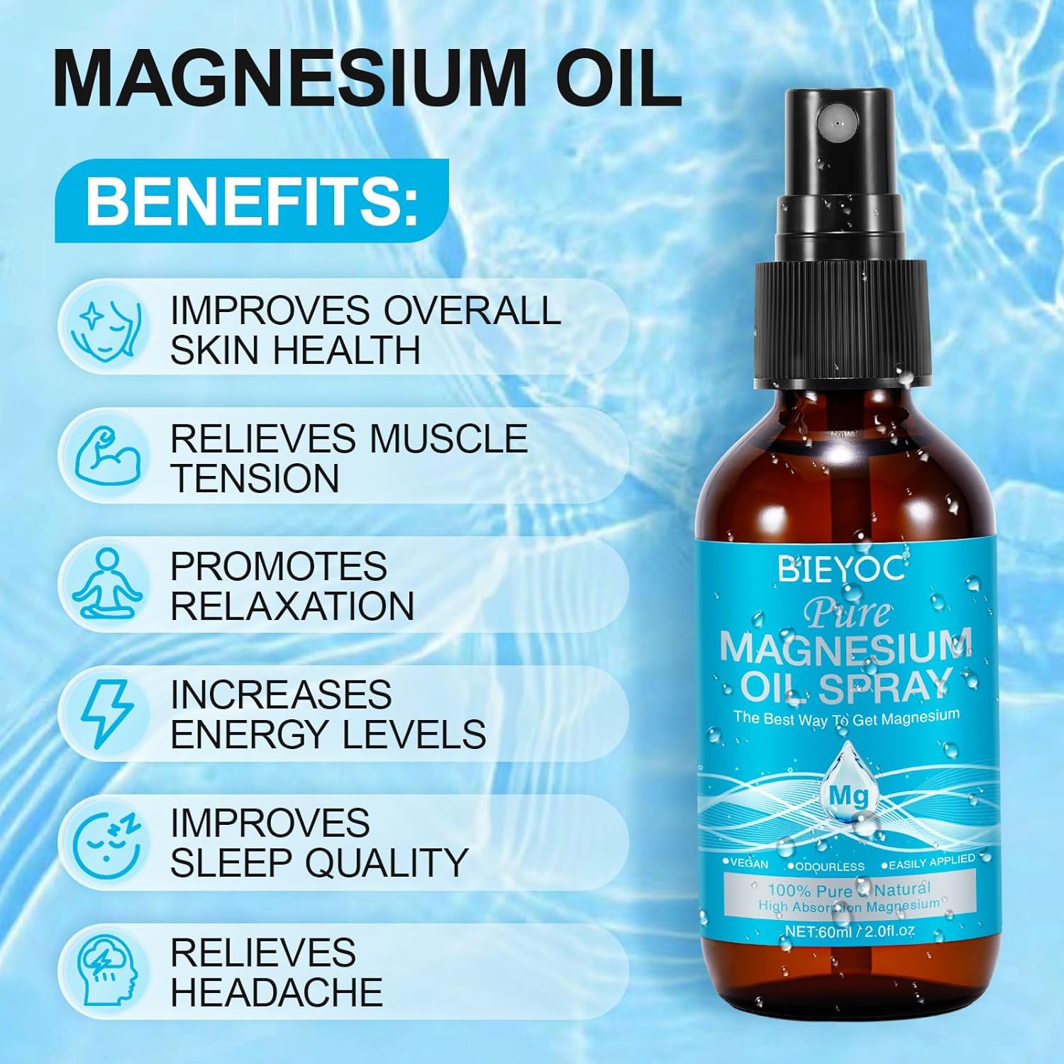 100% Pure Organic Magnesium Oil Spray for Feet in Glass Bottle - Soothing Relief for Better Sleep
