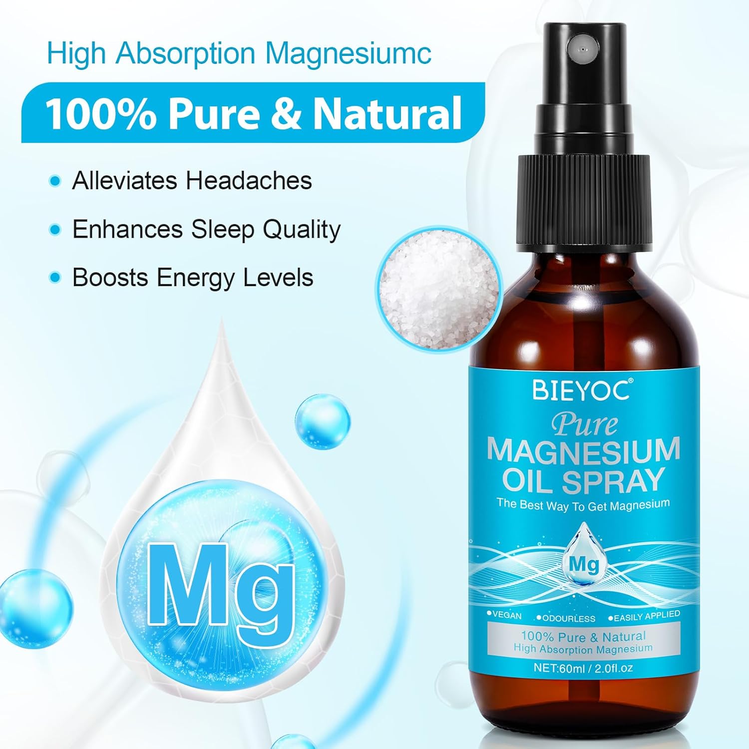100% Pure Organic Magnesium Oil Spray for Feet in Glass Bottle - Soothing Relief for Better Sleep
