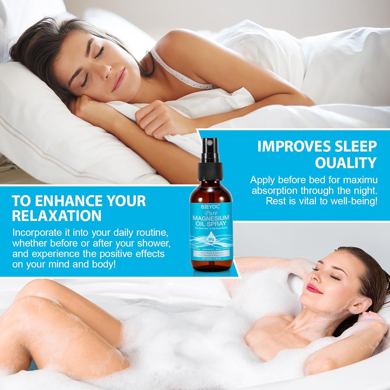 100% Pure Organic Magnesium Oil Spray for Feet in Glass Bottle - Soothing Relief for Better Sleep