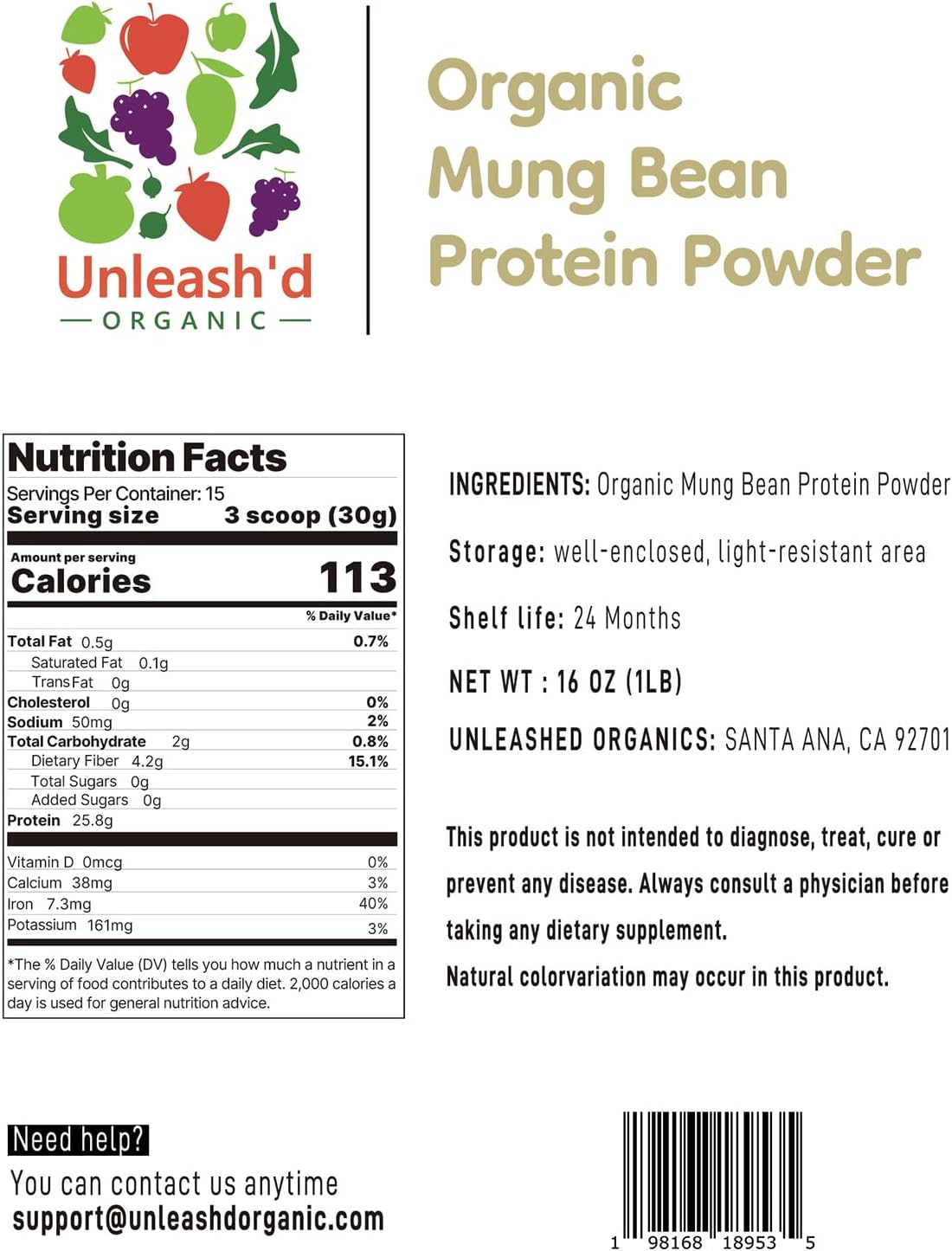 100% Pure Organic Mung Bean Protein Powder - 16 oz, Rich in Vitamins & Fiber, Supports Immune Health & Digestion