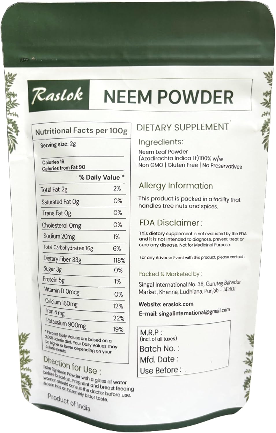 100% Pure Raslok Neem Powder for Skin, Hair, and Detox - 8 oz - Natural and Bitter Neem Supplement