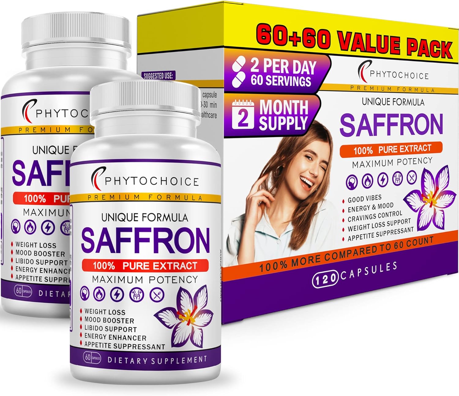 100% Pure Saffron Extract Capsules for Energy, Mood, and Vision Support - Made in USA - 120 Capsules