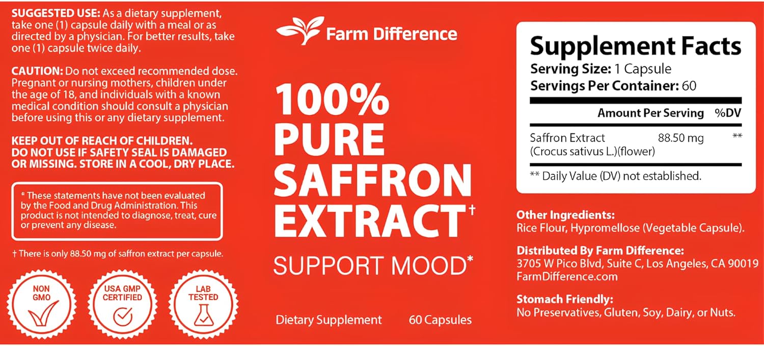 100% Pure Saffron Extract Capsules for Mood, Eye, & Energy Support - Farm Fresh Saffron Supplements - Made in USA - 88.5mg