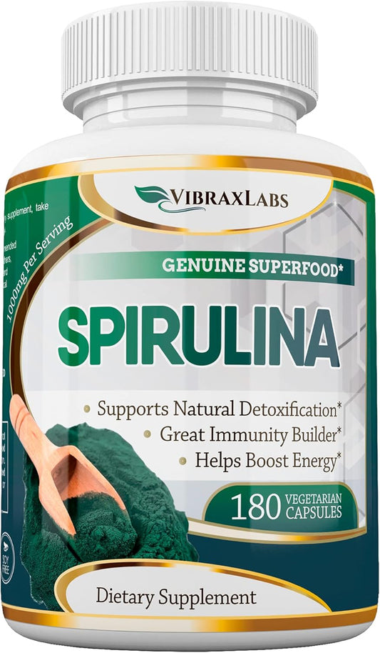 100% Pure Spirulina Capsules - 1000mg Serving, Supports Natural Detox, Cellular Health, Best with Chlorella - Vibraxlabs