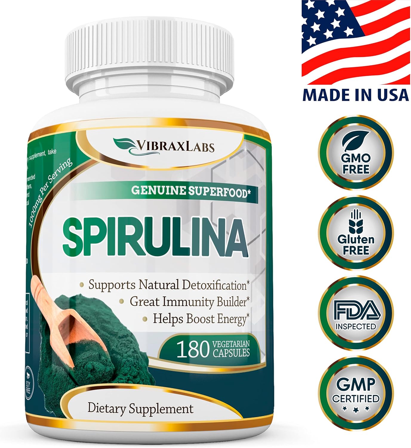 100% Pure Spirulina Capsules - 1000mg Serving, Supports Natural Detox, Cellular Health, Best with Chlorella - Vibraxlabs