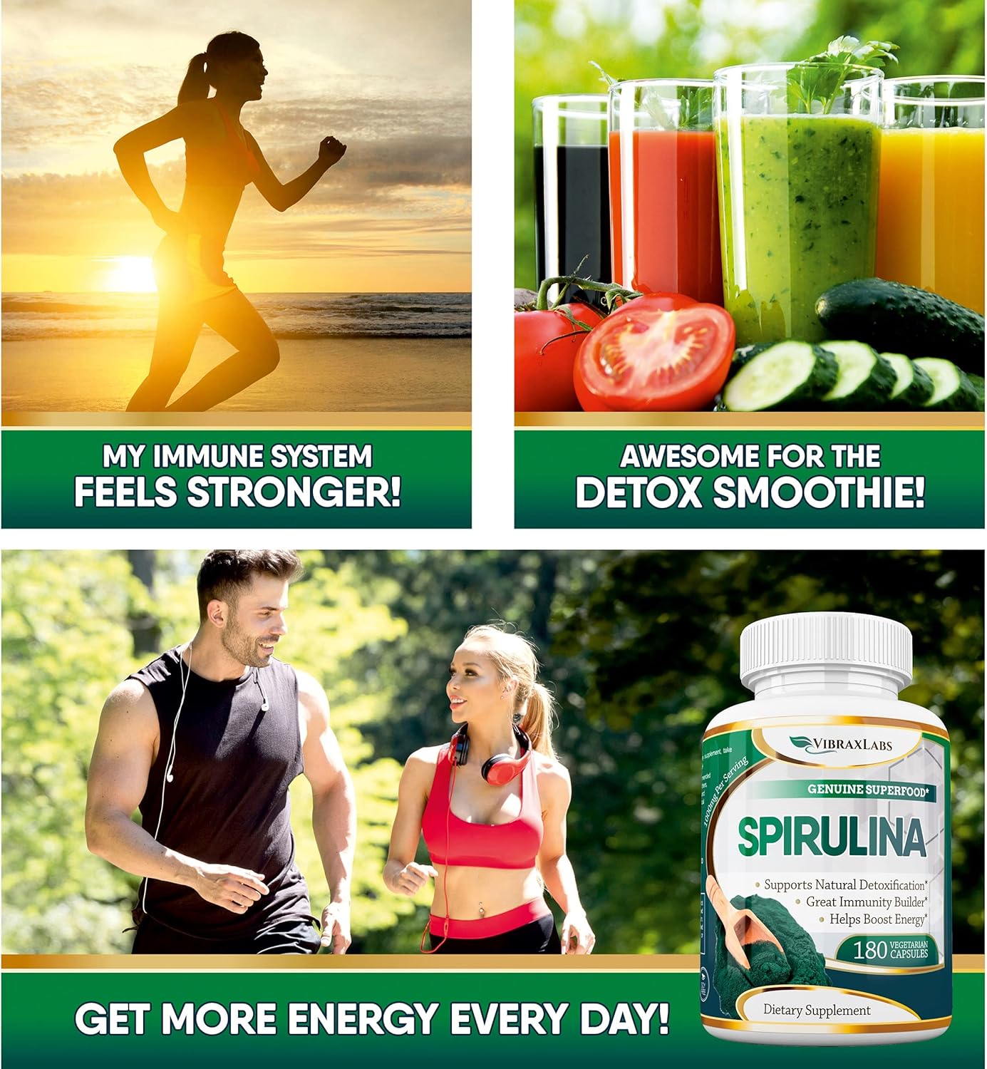 100% Pure Spirulina Capsules - 1000mg Serving, Supports Natural Detox, Cellular Health, Best with Chlorella - Vibraxlabs
