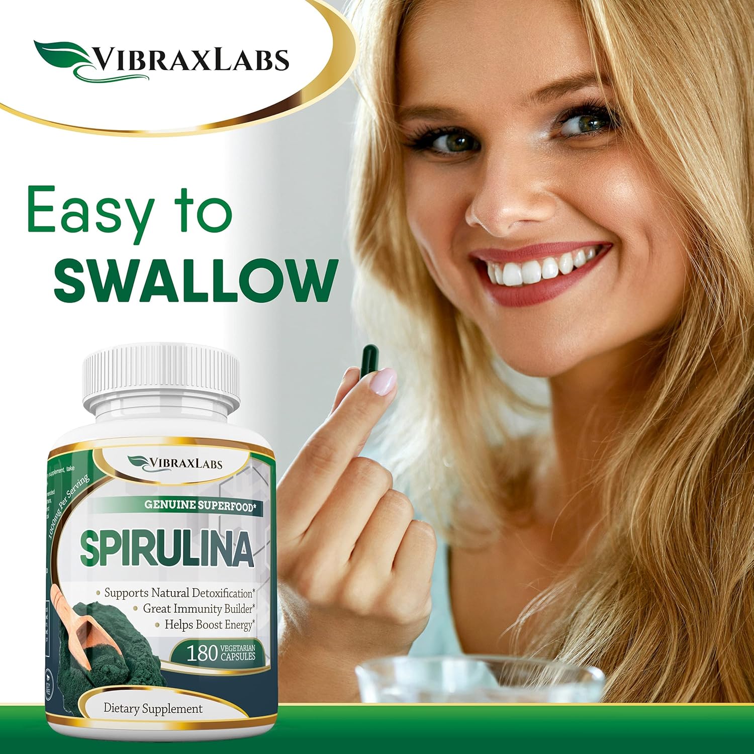 100% Pure Spirulina Capsules - 1000mg Serving, Supports Natural Detox, Cellular Health, Best with Chlorella - Vibraxlabs