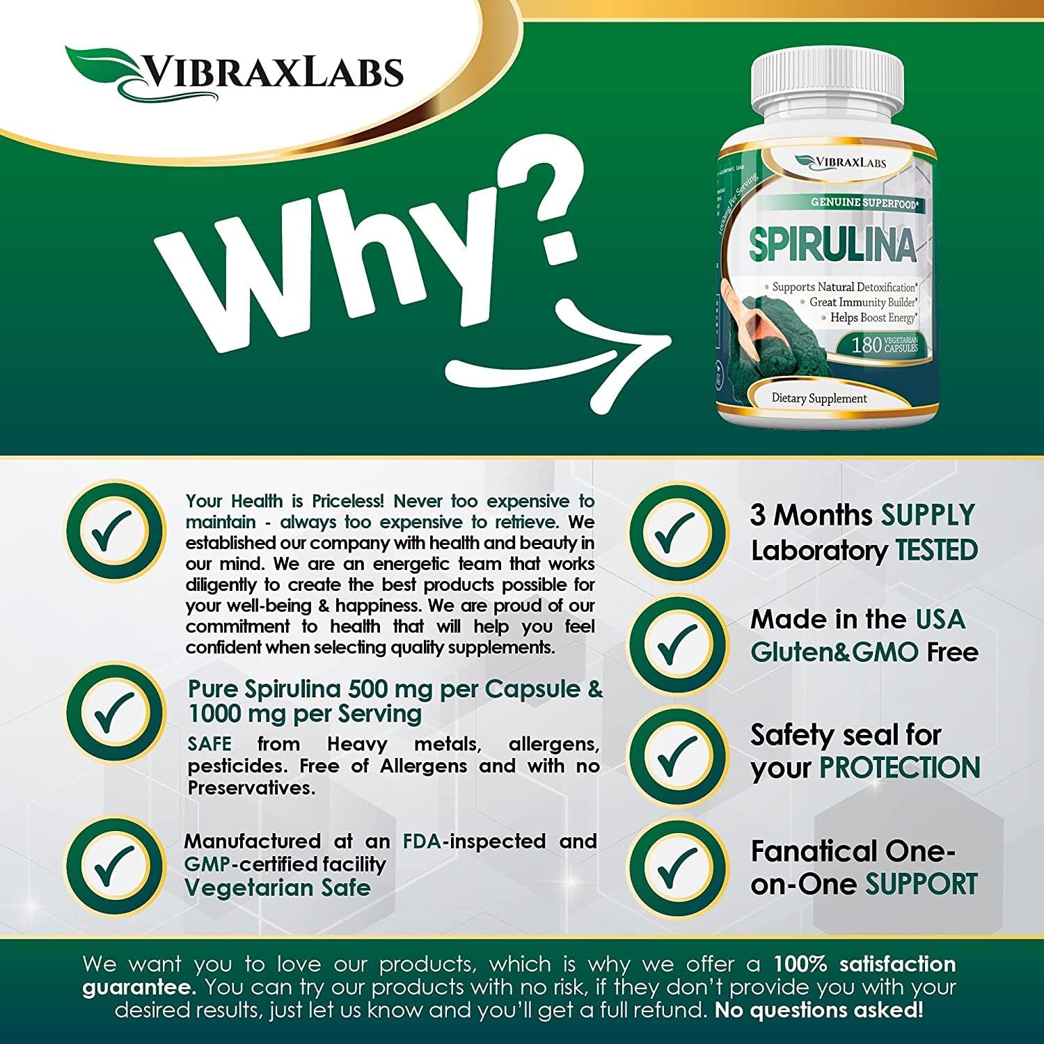 100% Pure Spirulina Capsules - 1000mg Serving, Supports Natural Detox, Cellular Health, Best with Chlorella - Vibraxlabs