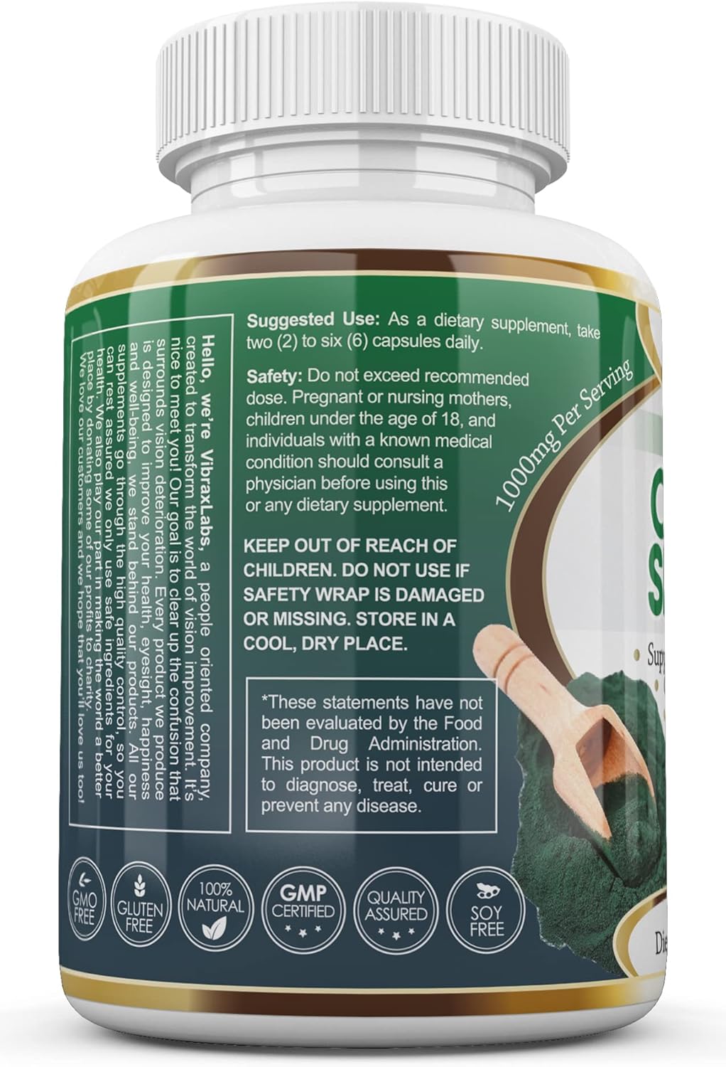 100% Pure Spirulina Capsules - 1000mg Serving, Supports Natural Detox, Cellular Health, Best with Chlorella - Vibraxlabs