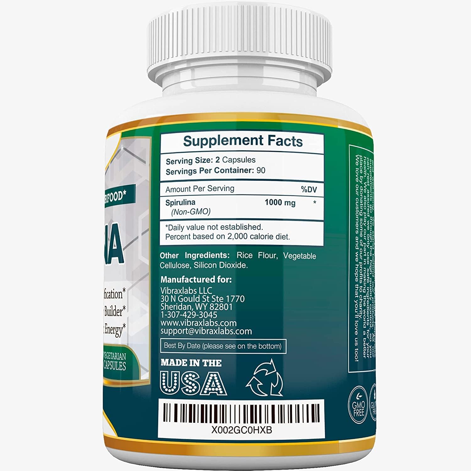 100% Pure Spirulina Capsules - 1000mg Serving, Supports Natural Detox, Cellular Health, Best with Chlorella - Vibraxlabs