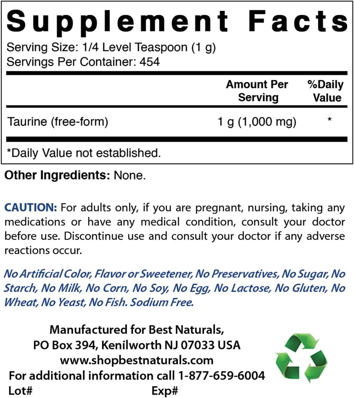 100% Pure Taurine Powder Free Form - 1000mg per Serving - 2 Lb (908 gm) - Best Naturals