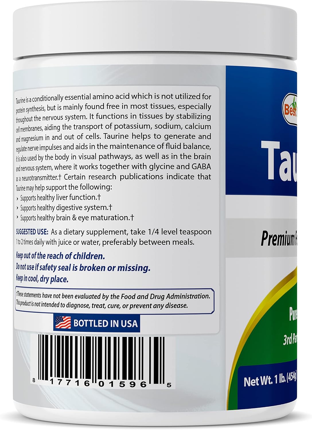 100% Pure Taurine Powder Free Form - 1000mg per Serving - 2 Lb (908 gm) - Best Naturals